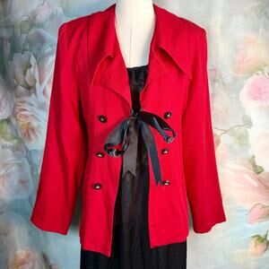 Vintage CTME Red Black Ribbon Bow Tie Faux Stitch Button Jacket Blazer